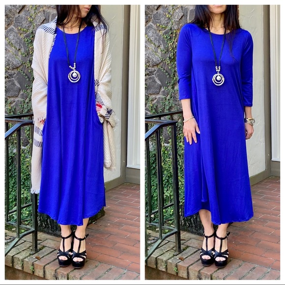 Chic Royal blue viscose side pocket swing dress - Picture 5 of 11